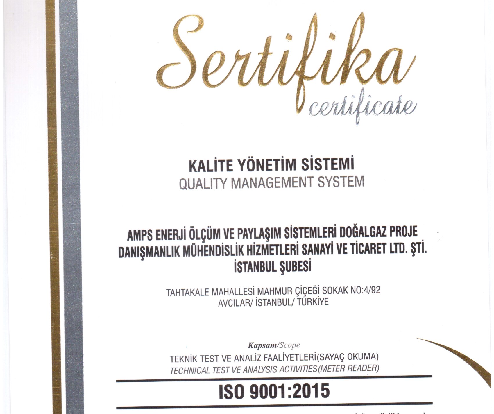 AMPS Enerji / OSOS Technology ISO 9001:2015 Kalite Yönetim Sistemi sertifikası, gerçek belge fotoğrafı
