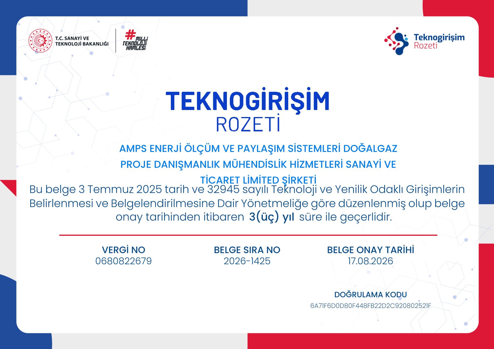 T.C. Sanayi ve Teknoloji Bakanlığı Teknogirişim Sermayesi Rozeti belgesi, gerçek belge görseli