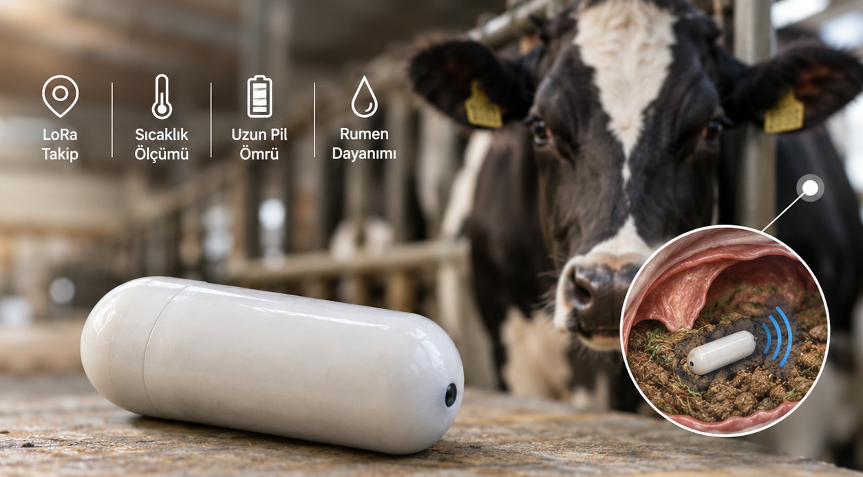 Rumene yerleşen LoRaWAN biyo-kapsülü ve inek, kapsülün rumen içindeki konumunun kesit görünümüyle