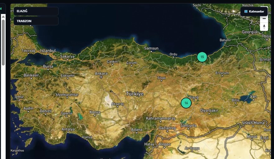 OSOS Platformu Operasyon Merkezi haritası — Trabzon ve Elazığ bölgelerinde canlı izlenen cihaz sayıları